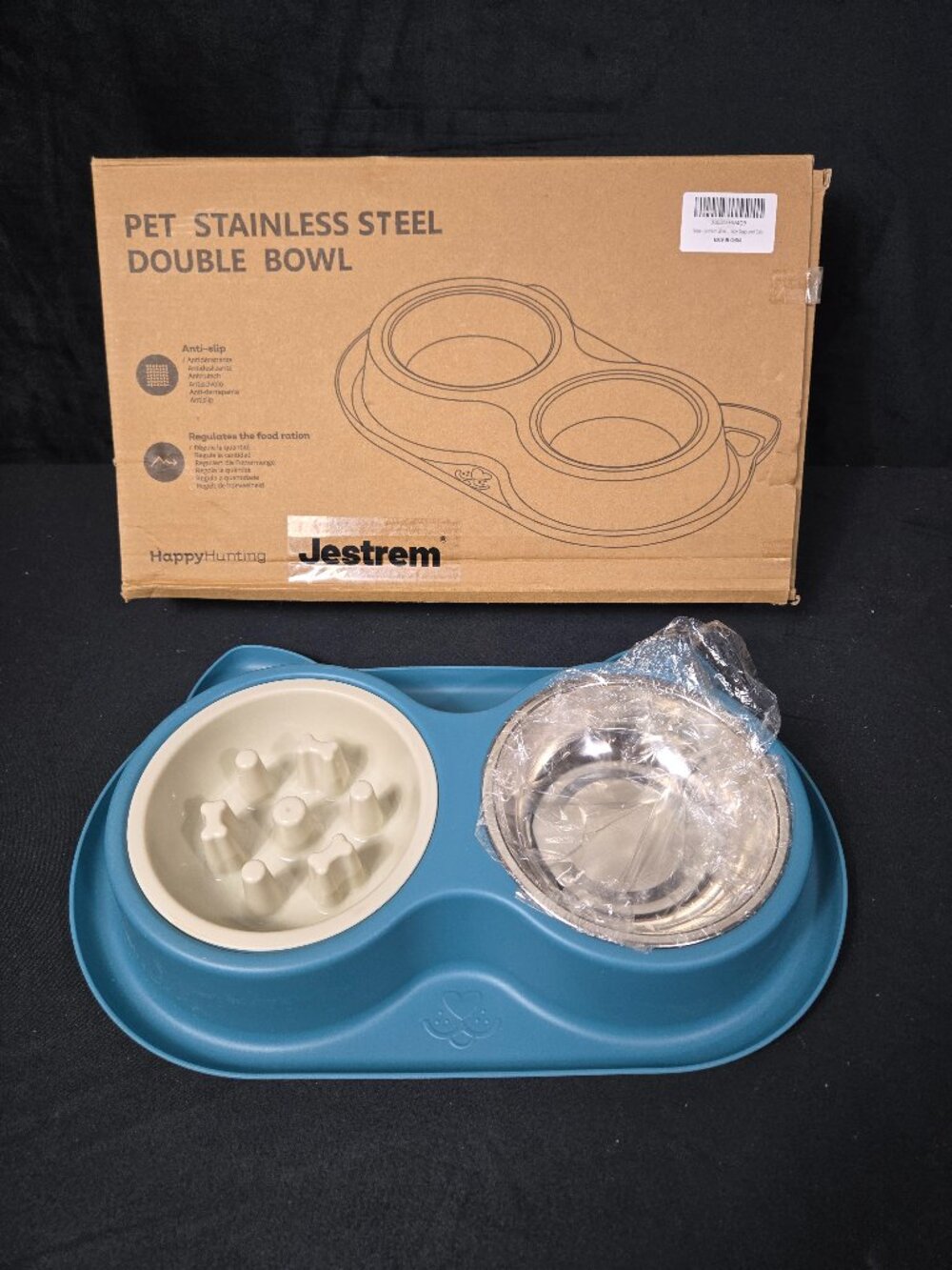 Jestrem Double Pet Bowl Slow Feeder Stainless Steel Dog Cat Blue NIB
